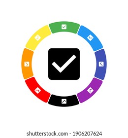 A large black checkbox symbol in the center, surrounded by eight white symbols on a colored background. Background of seven rainbow colors and black. Vector illustration on white background