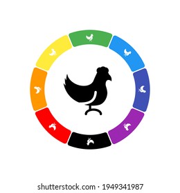 A large black chicken symbol in the center, surrounded by eight white symbols on a colored background. Background of seven rainbow colors and black. Vector illustration on white background