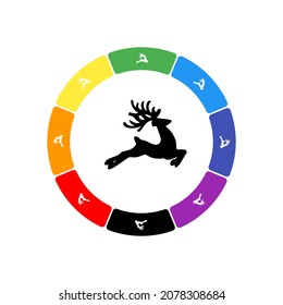 A large black Christmas deer in the center, surrounded by eight white symbols on a colored background. Background of seven rainbow colors and black. Vector illustration on white background