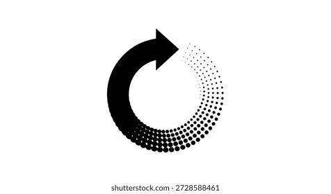 Large black circular arrow featuring a halftone dot gradient effect indicating rotation or progress on a white background.