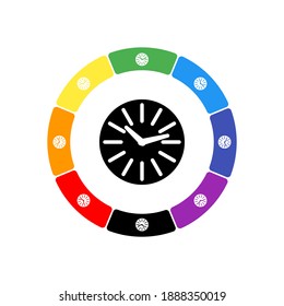 Ein großes schwarzes Uhrensymbol in der Mitte, umgeben von acht weißen Symbolen auf buntem Hintergrund. Hintergrund von sieben Regenbogenfarben und Schwarz. Vektorgrafik auf weißem Hintergrund