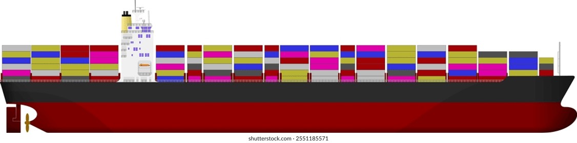 Large Black Container Ship. Side profile of a large container vessel with containers on deck. Isolated vector illustration.