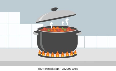 Large black cooking pot filled with hot vegetable soup is boiling on a burning gas stove in the kitchen.