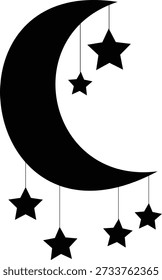 A large black crescent moon with five black stars hanging from strings, on a pure white background, creating a beautiful night sky scene