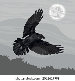 A large black crow Corvus corax flies against the background of a full moon. Spruce forest and cloudy night sky on the horizon. Realistic vector landscape. halloween