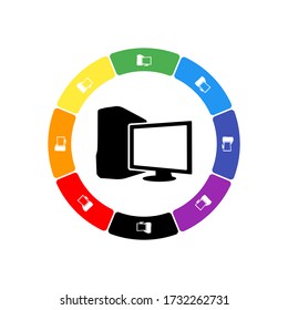 A large black desktop symbol in the center, surrounded by eight white symbols on a colored background. Background of seven rainbow colors and black. Vector illustration on white background