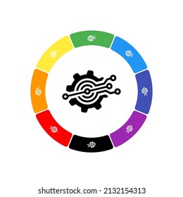 A large black digital tech symbol in the center, surrounded by eight white symbols on a colored background. Background of seven rainbow colors and black. Vector illustration on white background