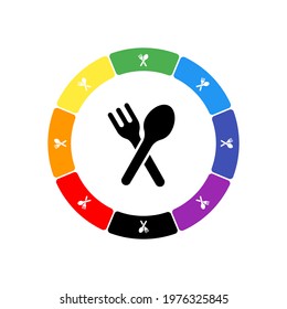 A large black dinner time symbol in the center, surrounded by eight white symbols on a colored background. Background of seven rainbow colors and black. Vector illustration on white background