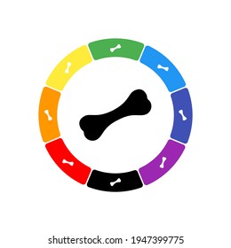 A large black dog bone symbol in the center, surrounded by eight white symbols on a colored background. Background of seven rainbow colors and black. Vector illustration on white background