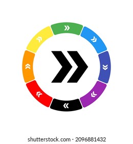 Un gran símbolo negro de doble flecha en el centro, rodeado de ocho símbolos blancos sobre un fondo de color. Fondo de siete colores arcoiris y negro. Ilustración del vector sobre fondo blanco