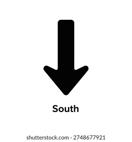 A large black downward arrow indicating direction south on a clean white background, symbolizing navigation and orientation.