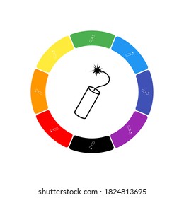 A large black dynamite symbol in the center, surrounded by eight white symbols on a colored background. Background of seven rainbow colors and black. Vector illustration on white background
