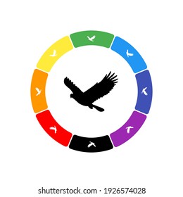 A large black eagle symbol in the center, surrounded by eight white symbols on a colored background. Background of seven rainbow colors and black. Vector illustration on white background
