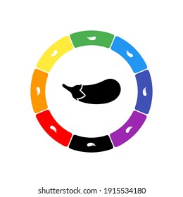 A large black eggplant symbol in the center, surrounded by eight white symbols on a colored background. Background of seven rainbow colors and black. Vector illustration on white background