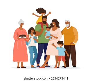 A large black family, different generations, children, parents, grandchildren, grandparents. Loving relatives hug and smile. Flat cartoon characters vector illustration.