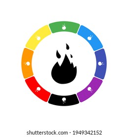 Un gran símbolo negro de fuego en el centro, rodeado de ocho símbolos blancos sobre un fondo de color. Fondo de siete colores arcoiris y negro. Ilustración del vector sobre fondo blanco
