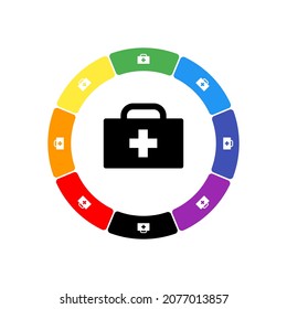 A large black first aid symbol in the center, surrounded by eight white symbols on a colored background. Background of seven rainbow colors and black. Vector illustration on white background