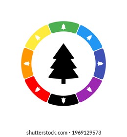 A large black fir-tree symbol in the center, surrounded by eight white symbols on a colored background. Background of seven rainbow colors and black. Vector illustration on white background