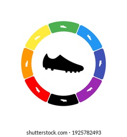 A large black football boot symbol in the center, surrounded by eight white symbols on a colored background. Background of seven rainbow colors and black. Vector illustration on white background