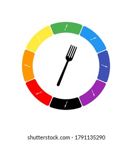 A large black fork in the center, surrounded by eight white symbols on a colored background. Background of seven rainbow colors and black. Vector illustration on white background