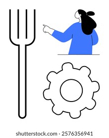 Large black fork, black gear, and a person in blue shirt pointing are visible. Ideal for technology, engineering, food industry, instructions, user interface. Simple and modern style