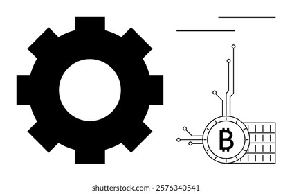 Large black gear beside a Bitcoin symbol with circuitry and lines. Ideal for technology, cryptocurrency, blockchain, fintech, and digital innovation-related themes. Minimalistic vector art style