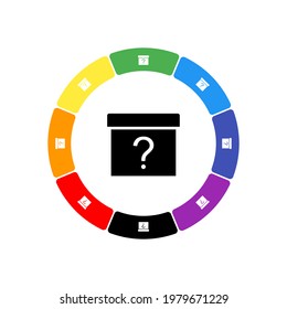 Eine große schwarze Geschenkbox mit einem Fragesymbol in der Mitte, umgeben von weißen Symbolen auf buntem Hintergrund. Hintergrund von Regenbogenfarben und Schwarz. Vektorgrafik auf weißem Hintergrund