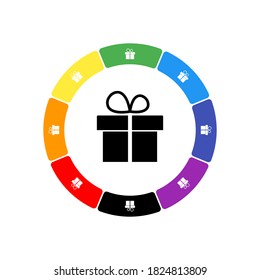 A large black gift symbol in the center, surrounded by eight white symbols on a colored background. Background of seven rainbow colors and black. Vector illustration on white background