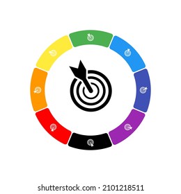 A large black goal symbol in the center, surrounded by eight white symbols on a colored background. Background of seven rainbow colors and black. Vector illustration on white background
