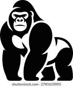 Large black gorilla standing on two legs looking forward aggressively strong animal