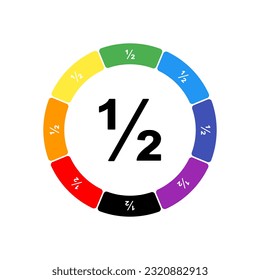A large black half fraction symbol in the center, surrounded by eight white symbols on a colored background. Background of seven rainbow colors and black. Vector illustration on white background