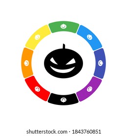 A large black halloween pumpkin symbol in the center, surrounded by eight white symbols on a colored background. Background of seven rainbow colors and black. Vector illustration on white background