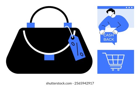 Large black handbag with price tag in foreground, customer holding cash back sign, and shopping cart icon in background. Ideal for retail, e-commerce, sales promotions, fashion, online shopping. Flat