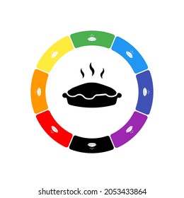 A large black hot pie symbol in the center, surrounded by eight white symbols on a colored background. Background of seven rainbow colors and black. Vector illustration on white background