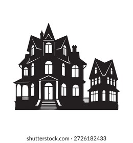 a large black house with a smaller house next to it