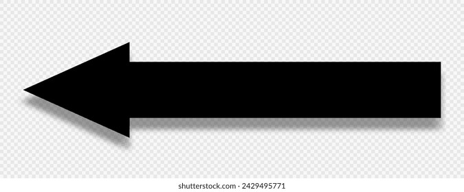 A large black icon with a solid long arrow pointing left on a transparent background. Arrow icon, pointer, road sign. Vector EPS 10.