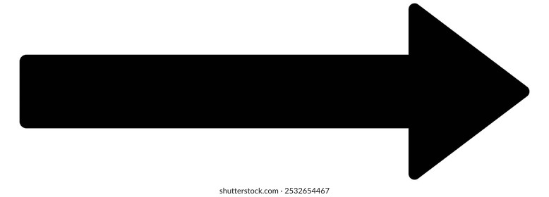 A large black icon with a solid long arrow pointing to the right on a white background. Long arrow vector icon.