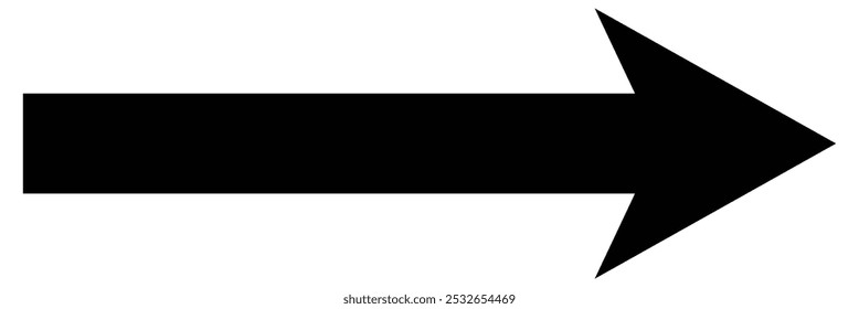 A large black icon with a solid long arrow pointing to the right on a white background. Long arrow vector icon.