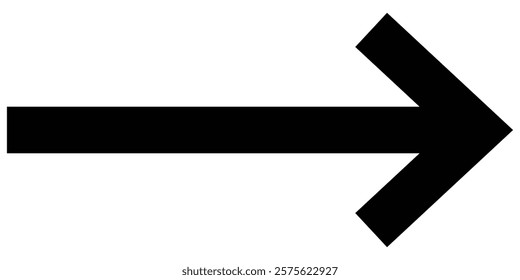 A large black icon with a solid long arrow pointing to the right on a white background. Vector long arrow icon.