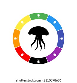 A large black jellyfish symbol in the center, surrounded by eight white symbols on a colored background. Background of seven rainbow colors and black. Vector illustration on white background
