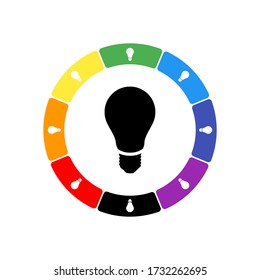 A large black lamp symbol in the center, surrounded by eight white symbols on a colored background. Background of seven rainbow colors and black. Vector illustration on white background
