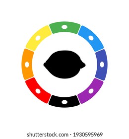 A large black lemon symbol in the center, surrounded by eight white symbols on a colored background. Background of seven rainbow colors and black. Vector illustration on white background