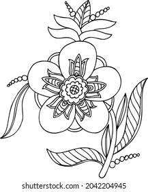 Large black line fancy flower on stem with leaves, outline floral vector decorative botanical illustration