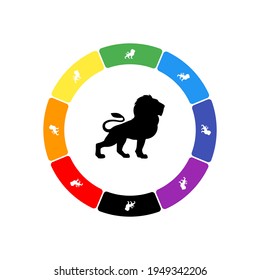 A large black lion symbol in the center, surrounded by eight white symbols on a colored background. Background of seven rainbow colors and black. Vector illustration on white background