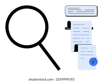 Large black magnifying glass and documents with writing and blue checkmark. Simplistic, clean design. Ideal for research, verification, data analysis, administrative tasks, record-keeping