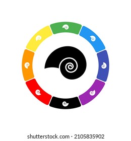 A large black marine nautilus symbol in the center, surrounded by eight white symbols on a colored background. Background of seven rainbow colors and black. Vector illustration on white background