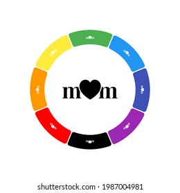 A large black mother's day symbol in the center, surrounded by eight white symbols on a colored background. Background of seven rainbow colors and black. Vector illustration on white background