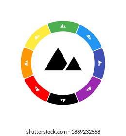 A large black mountains symbol in the center, surrounded by eight white symbols on a colored background. Background of seven rainbow colors and black. Vector illustration on white background