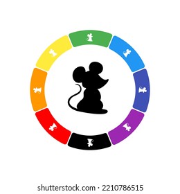 A large black mouse symbol in the center, surrounded by eight white symbols on a colored background. Background of seven rainbow colors and black. Vector illustration on white background