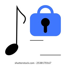 A large black music note next to a blue padlock. Ideal for music protection, digital security, cybersecurity, intellectual property, and online music rights. Simple, modern art